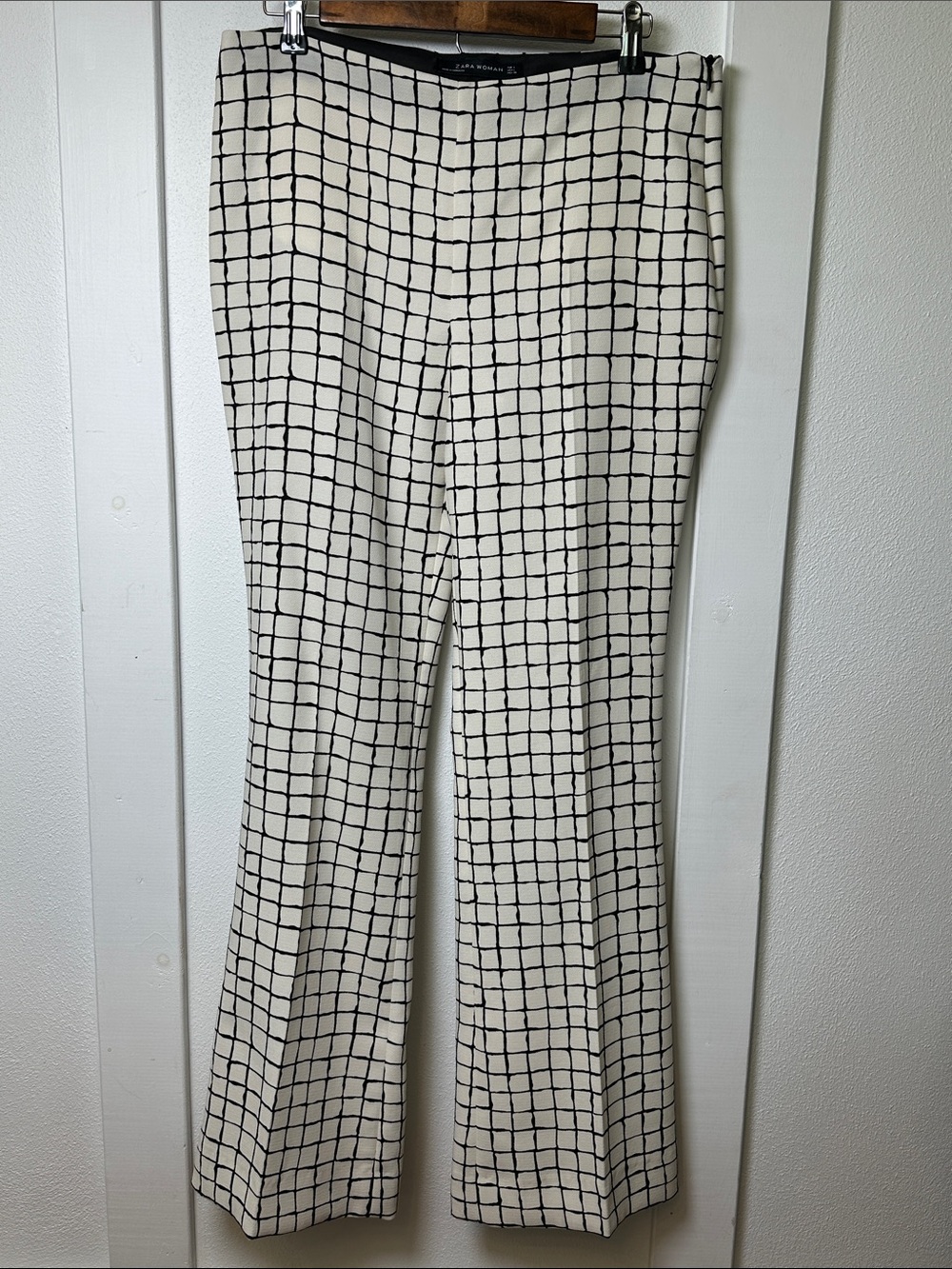 Zara Ladies Windowpane Check Cream & Black Wide-Leg Trouser Pants Sz L